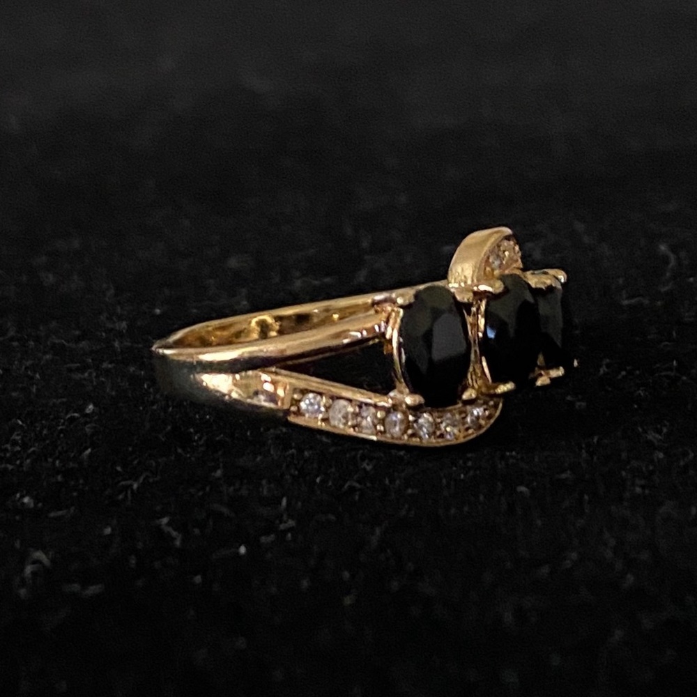 Sz 7 STAMPED 925 14 K GF 3 BLACK SAPPHIRES RING - Picture 7 of 11